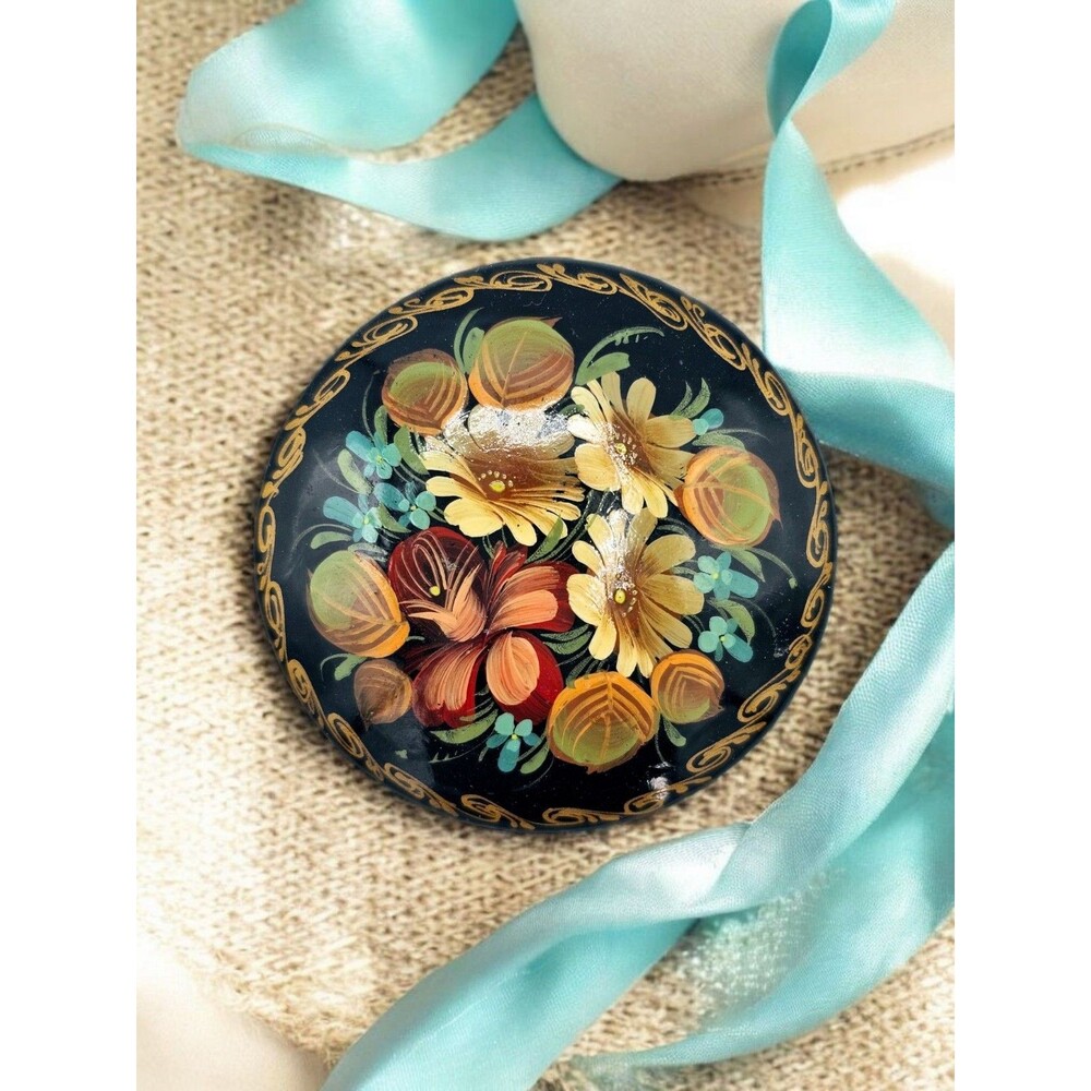 Russian Flower Brooch Hand Painted Lacquered Flower Round Flower Folk Art Pin